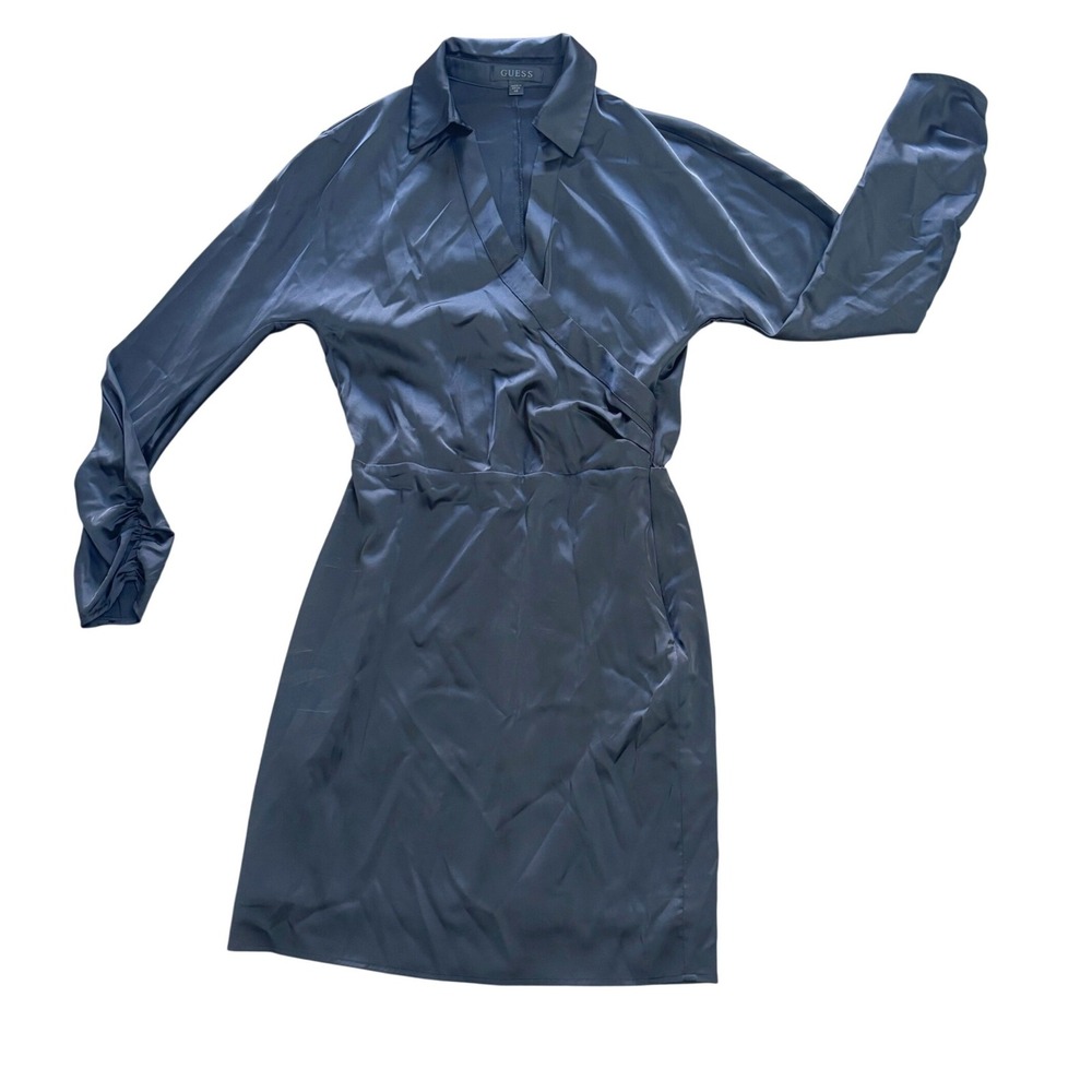 Guess Wrap Style Surplice Mini Dress Black Satin Ruched Sleeve Collared XS
